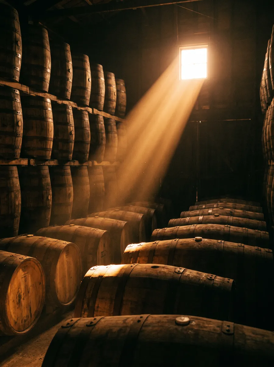 Rows of oak whiskey barrels aging in a dim distillery warehouse with a shaft of light