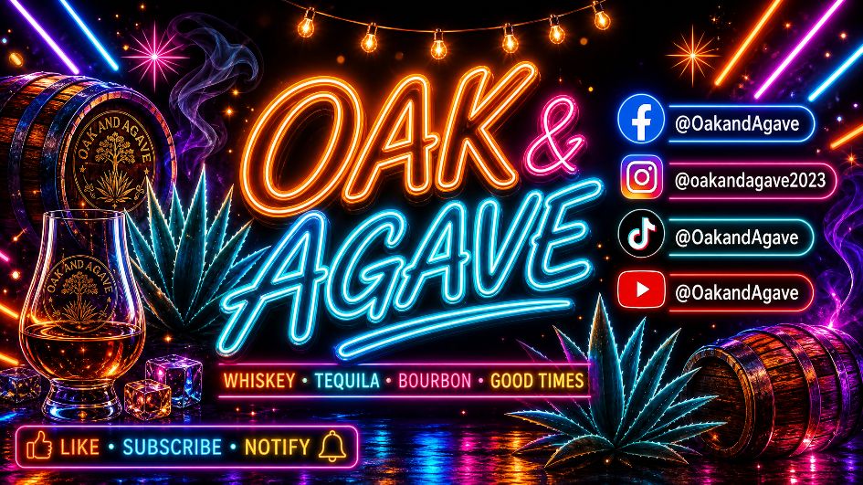 Oak and Agave YouTube channel banner — neon whiskey and tequila sign with Facebook, Instagram, TikTok, and YouTube handles